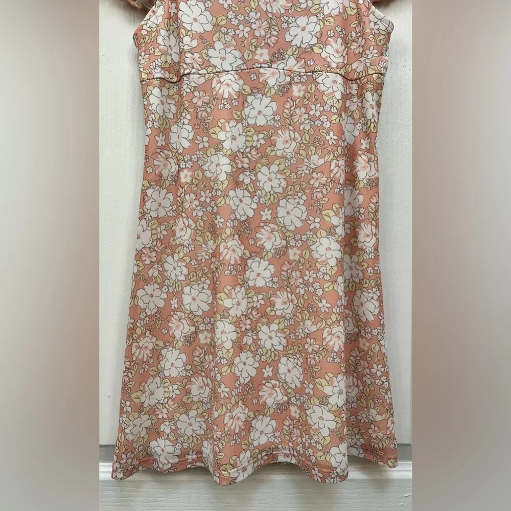 RSQ Floral Puff Sleeve Mini Dress Peach Pink Smocked Back Large